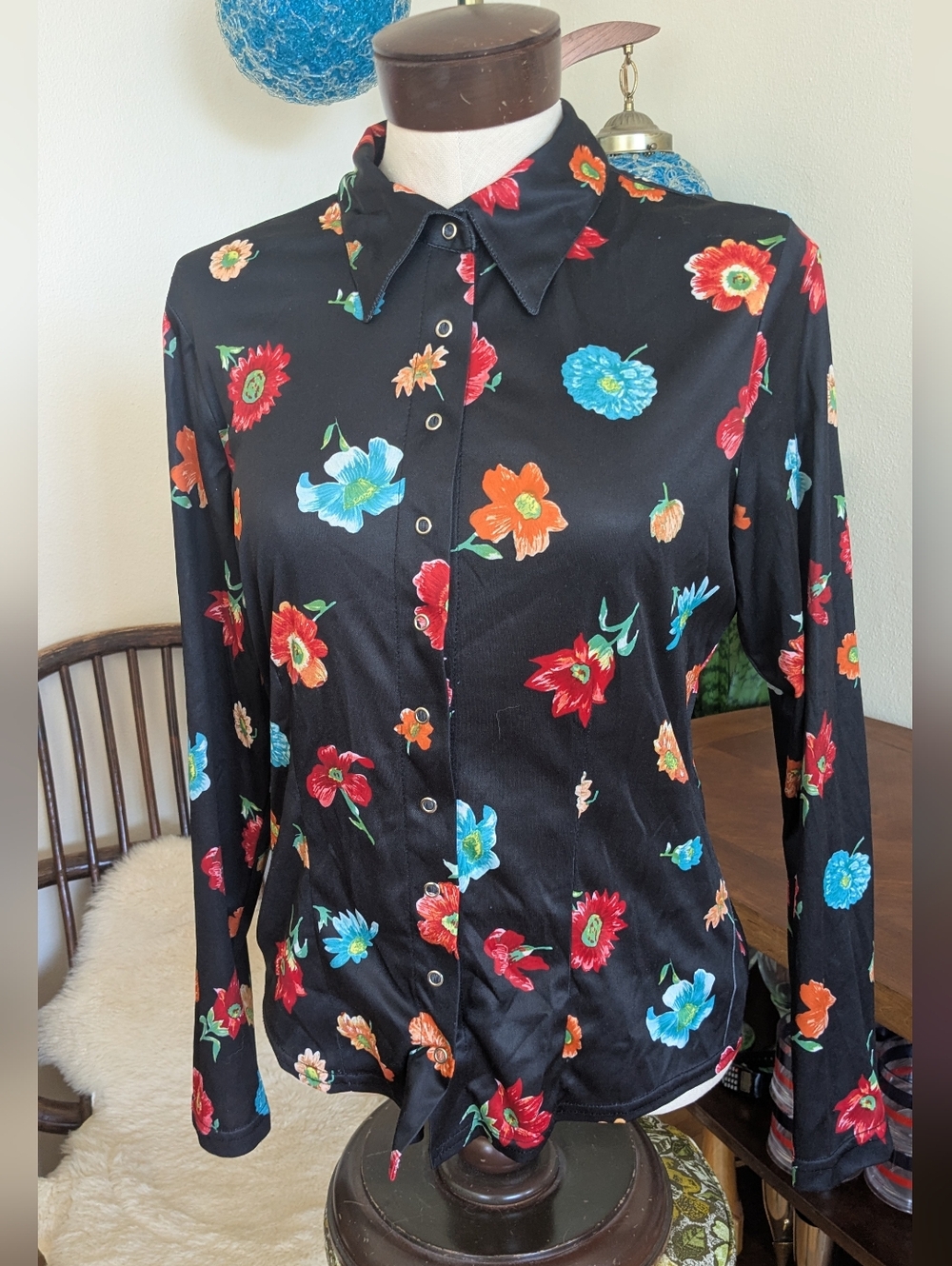 Vintage 90s Le Chateau Black Floral Snap Button Shirt